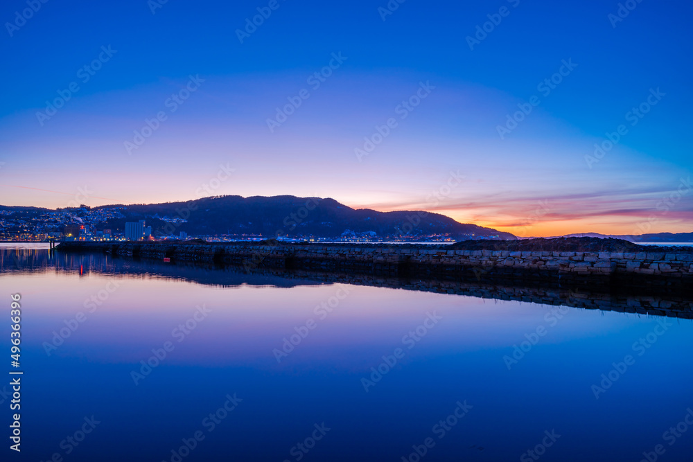 Colorful sunset over the Trondheim fiord (Trondheimsfjorden), an inlet of the Norwegian Sea, Norway