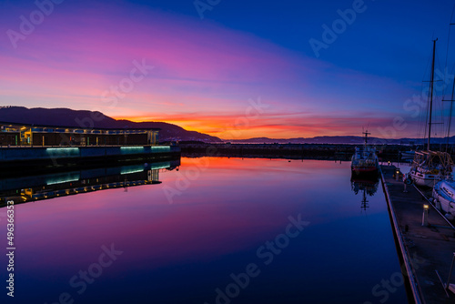 Colorful sunset over the Trondheim harbour and fjord (Trondheimsfjorden), an inlet of the Norwegian Sea, Norway