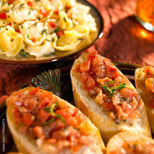 Close-up of Bruschetta and Tortellini