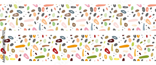 Vector abstract seamless border with chaotic specks.
Multicolored pattern for printing on fabric, paper or accessories.