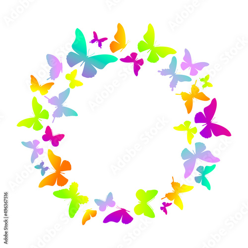 Wreath of colorful butterflies. Round butterfly frame.