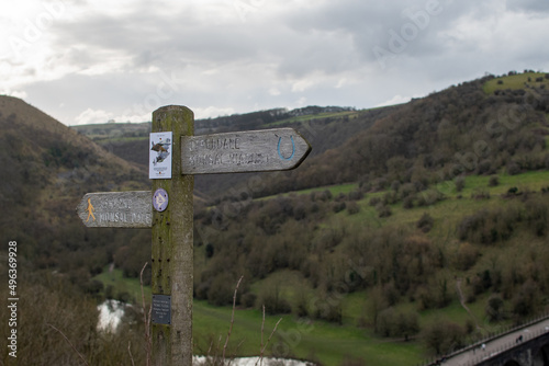Sign giving directions to Monsal Dale trail/Headstone Viaduct in the Peak District National Park, Derbyshire, UK photo