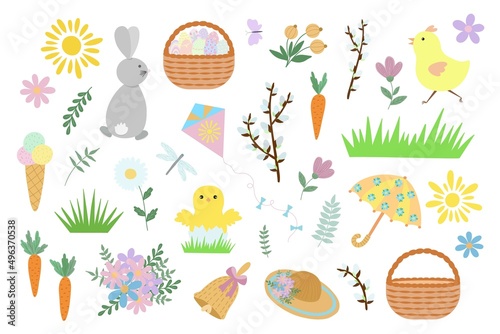 Easter spring holiday elements vector illustration, cute animals, floral decor, clipart for greeting card, poster, any design for spring holidays celebration decor