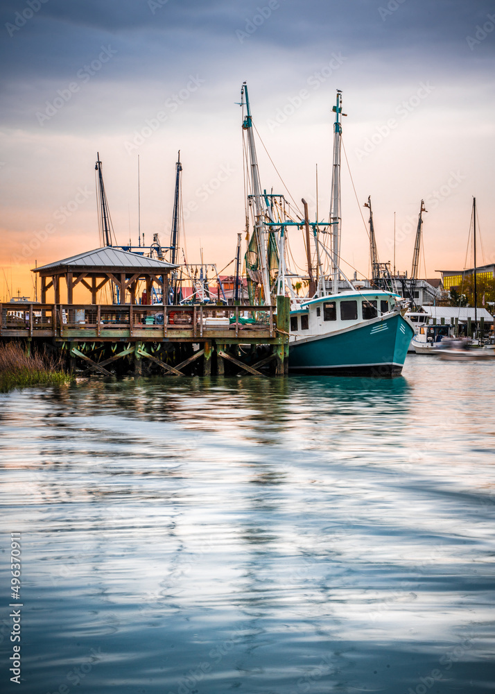 colorful fishing pier and boats, Charleston South Carolina