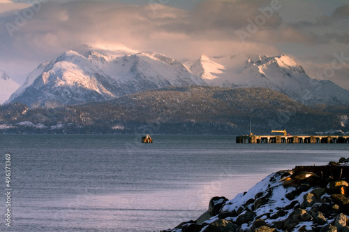 Sea near snowcapped mountains, Cook Inlet, Homer, Alaska, USA