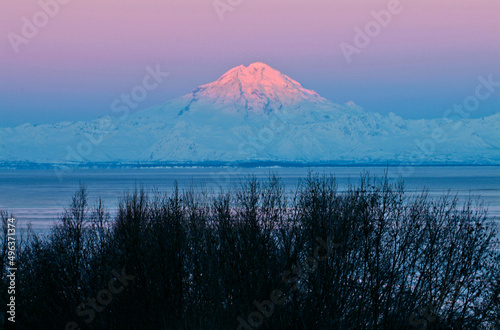 Sea in front of a volcanic mountain, Mount Redoubt, Cook Inlet, Alaska, USA photo