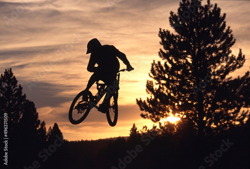 Silhouette of a cyclist in mid-air, Truckee, California, USA photo
