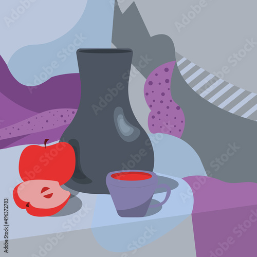 stylized still life with a vase, a cup of tea and an apple