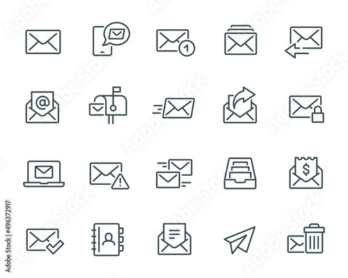 Mail and email Icons Set. Such as Mailbox, Sending, Archive, Contacts and others. Editable vector stroke. photo