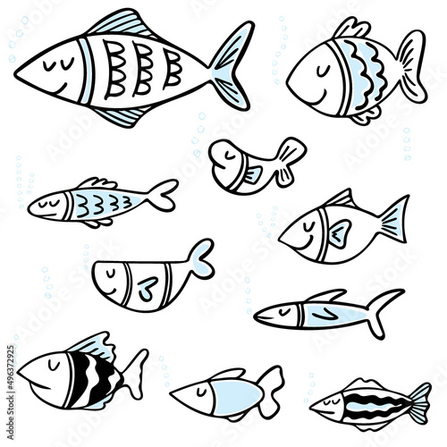 Set of black and white fishes in doodle ink style. Hand drawn illustration