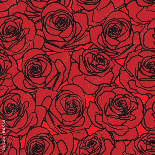 Vector vintage seamless pattern. Black outlined red scarlet rose flowers
