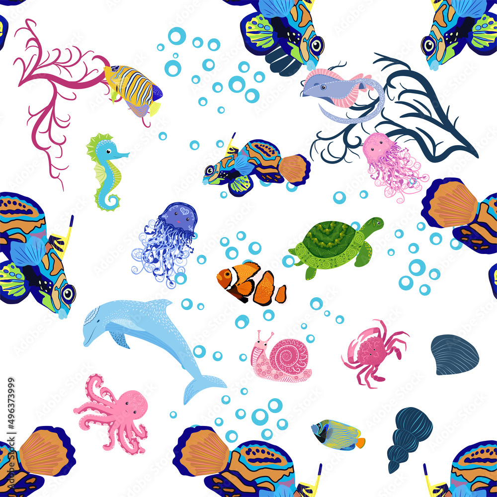 Marine life, fish, animals bright seamless pattern. sea travel, underwater diving animal tropical fish. Jellyfish, whale, shark, seahorse, clown fish, dolphin, turtle, emperor