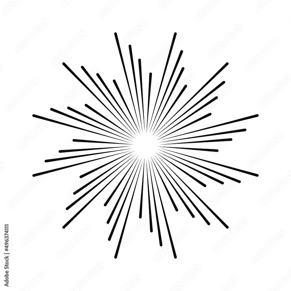 Black radial lines. Round form. Explosion background. Star rays. Sunburst. Fireworks. Design element for frames, prints, tattoo, web, template, logo, and comic books