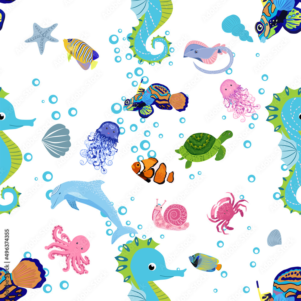 Marine life, fish, animals bright seamless pattern. sea travel, underwater diving animal tropical fish. Jellyfish, whale, shark, seahorse, clown fish, dolphin, turtle, emperor