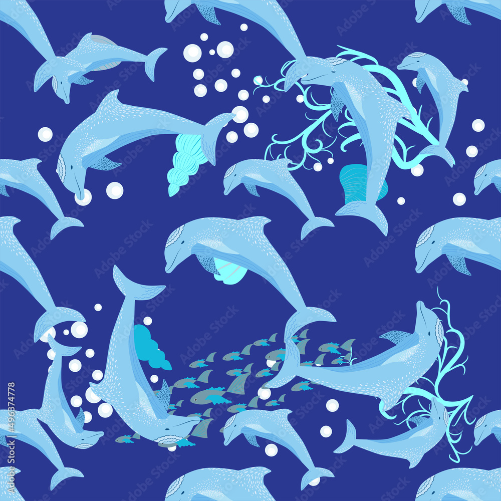 Dolphin, sea inhabitants seamless pattern, beautiful character among seashells, algae, starfish, marine wildlife Dolphin, sea inhabitants seamless pattern, beautiful character among seashells, algae, starfish, marine wildlife