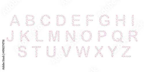 Floral botanical alphabet. Pink flowers hand drawn monogram letters. Capital Letters with plants and flowers. Vector lettering isolated on white	
