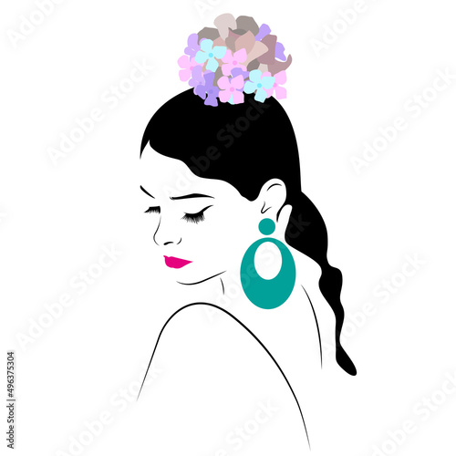 Vector illustration of an Andalusian woman dressed in flamenco dress with a flower in her hair and big earrings