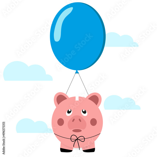 Piggy bank flying through the sky with a balloon symbolizing inflation and the outflow of savings