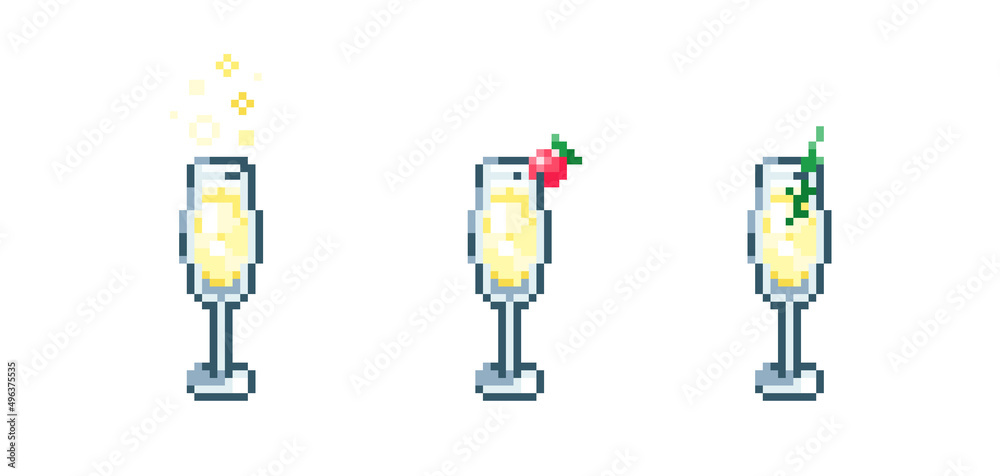 Set of Pixel art Champagne set. Retro 90s gaming 8 bit icon of pixel mosaic glass of Champagne cocktail drink. Vector pixel classic party beverage for game and stickers. Set of Pixel art Champagne set. Retro 90s gaming 8 bit icon of pixel mosaic glass of Champagne cocktail drink. Vector pixel classic party beverage for game and stickers.