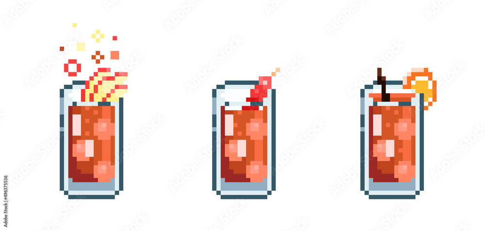 Set of Pixel art chimayo cocktail. Retro 90s gaming 8 bit icon of pixel mosaic glass of apple sider cocktail drink. Vector pixel classic party beverage for game and stickers.