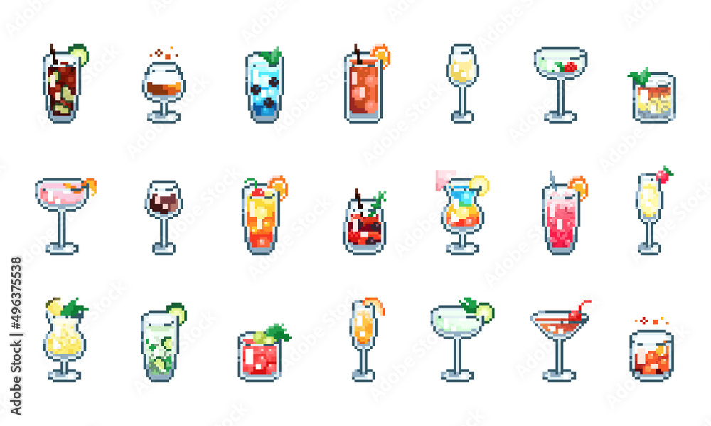 Pixel art cocktails collection - vodka, whisky, martini, mojito, Pina Colada, Margarita, wine, manhattan, Cuba Libre, Bloody Mary, Singapore Sling, Tequilla Sunrise. 8 bit vector icons set for games.