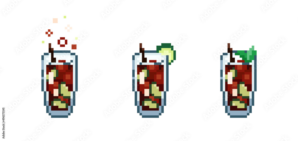 Set of Pixel art cuba libre cocktail. Retro 90s gaming 8 bit icon of pixel mosaic glass of cuba libre cocktail drink. Vector pixel classic party beverage for game and stickers.