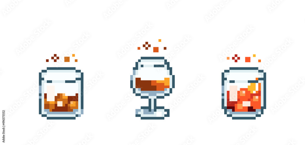 Set of Pixel art strong alcohol set. Retro 90s gaming 8 bit icon of pixel mosaic glass of strong alcohol drinks. Vector pixel classic party beverage for game and stickers. Set of Pixel art strong alcohol set. Retro 90s gaming 8 bit icon of pixel mosaic glass of strong alcohol drinks. Vector pixel classic party beverage for game and stickers.