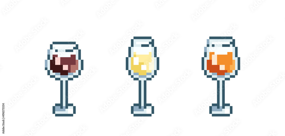 Set of Pixel art wine alcohol drink. Retro 90s gaming 8 bit icon of pixel mosaic glass of white, red and orange wine. Vector pixel classic party beverage for game and stickers.	