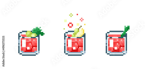 Set of Pixel art bloody Mary cocktail. Retro 90s gaming 8 bit icon of pixel mosaic glass of bloody Mary cocktail drink. Vector pixel classic party beverage for game and stickers.