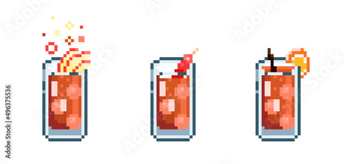 Set of Pixel art chimayo cocktail. Retro 90s gaming 8 bit icon of pixel mosaic glass of apple sider cocktail drink. Vector pixel classic party beverage for game and stickers. photo