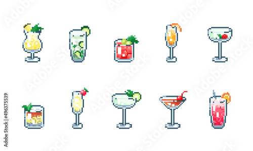 Set of classic  pixel art alcohol cocktails isolated on white background. 8 bit vector gaming assets collection.