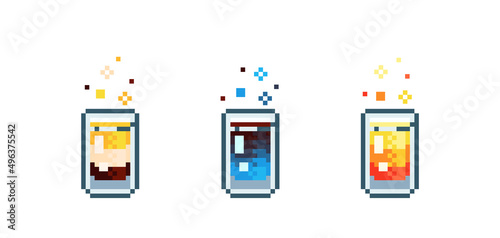 Set of Pixel art cocktail shots set. Retro 90s gaming 8 bit icon of pixel mosaic glass of alcohol shots drink. Vector pixel classic party beverage for game and stickers.