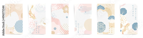 Asian spring sale stories banners oriental template set. Summer design for insta story and promo posts. Design with japan wavy patterns, flowers, and abstract shapes in pink, golden, beige colors set.