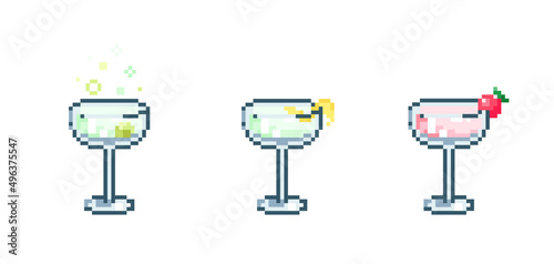 Set of Pixel art martini cocktail. Retro 90s gaming 8 bit icon of pixel mosaic glass of martini cocktail drink. Vector pixel classic party beverage for game and stickers.