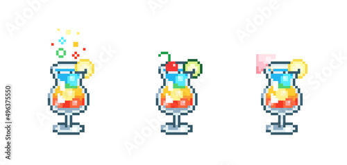 Set of Pixel art rainbow paradise cocktail. Retro 90s gaming 8 bit icon of pixel mosaic glass of rainbow paradise drink. Vector pixel classic party beverage for game and stickers.