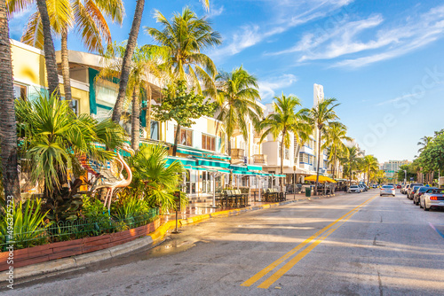 The view of famous Ocean Drive street in the morning in Miami South Beach in Florida © Mariakray
