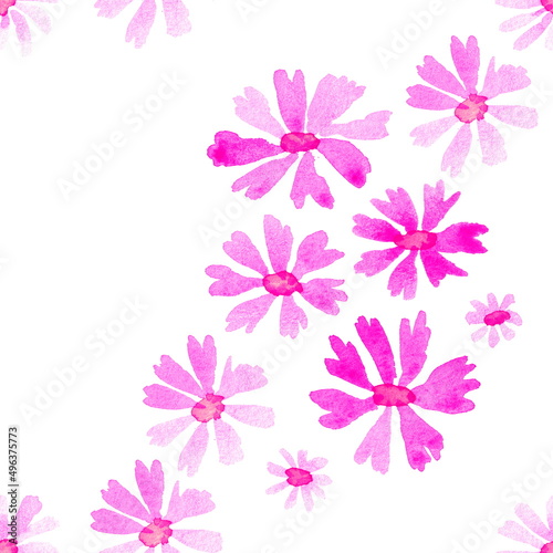 Seamless floral pattern with hand drawn watercolor flowers for textile and paper design. Isolated purple flowers on a white background.