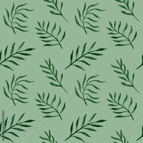 Seamless botanical pattern with pink palm leaves and branches on a gree grey background.
