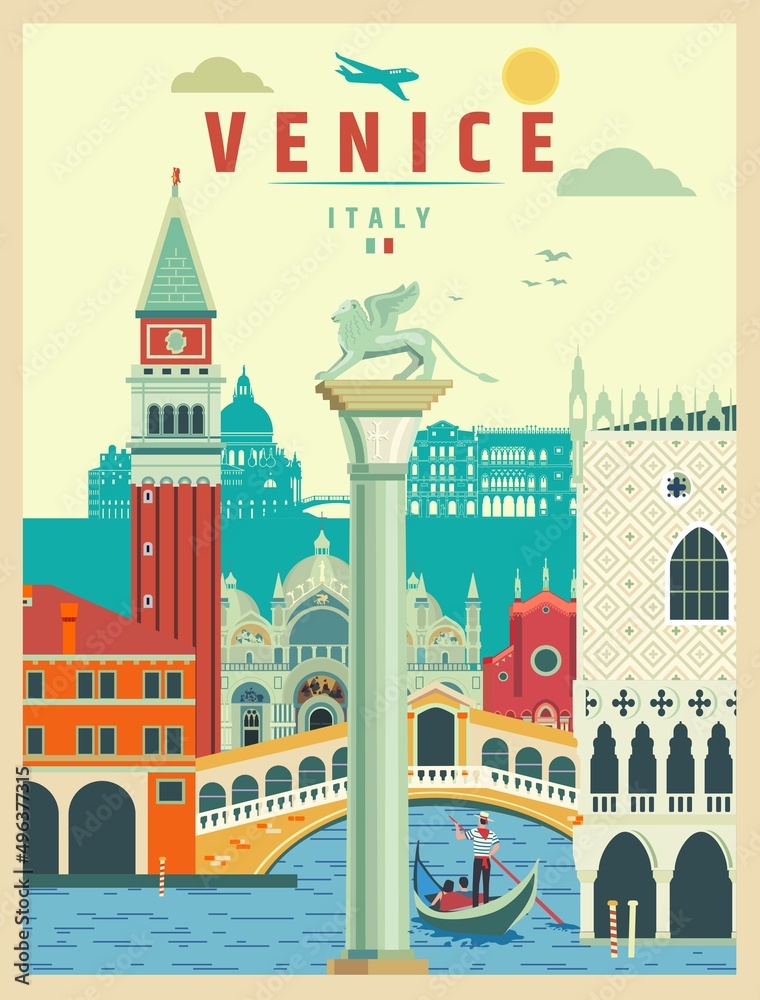 Venice city landmarks retro travel themed poster design vector illustration.