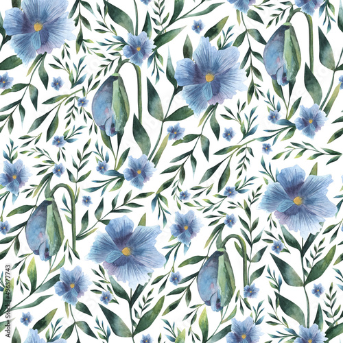 Abstract seamless floral patten with green leaves and blue and purple flowers watercolor illustration hand drawn