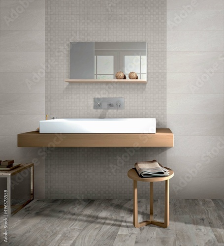 Modern interior design of bathroom with elegant tiles  seamless lamps  luxurious interior background.