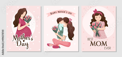 set of vector cards with congratulations on mother's day. Illustrations with pregnant woman, son with mother, girl with tulips
