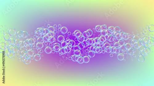 Soap cleaning foam background. Shampoo bubbles and suds. 3d vector illustration banner. Rainbow fizz and splash. Realistic water frame and border. Aqua colorful liquid soap cleaning.