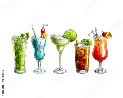 531_cocktail a set of alcoholic cocktails, a traditional, colorful of glasses with a drink, a straw, fruits