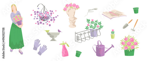 woman with flowers in pot and set elements about balcony gardening , gloves, gardening tools, watering can, pots, flowers.vector illustration with abstract colour shapes.