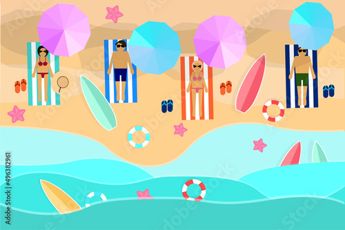 people sunbathe on the beach in summer under umbrellas on the sea with lifebuoy and surf