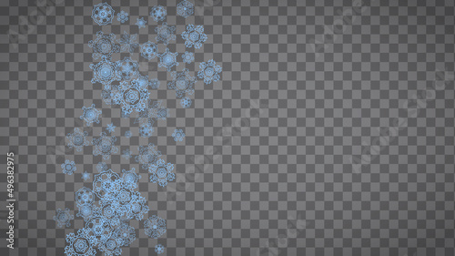Snowflakes frame on transparent background. Christmas and Happy New Year. Isolated horizontal snowflakes frame for banners, gift cards, party invitation, partner compliment and special business offer