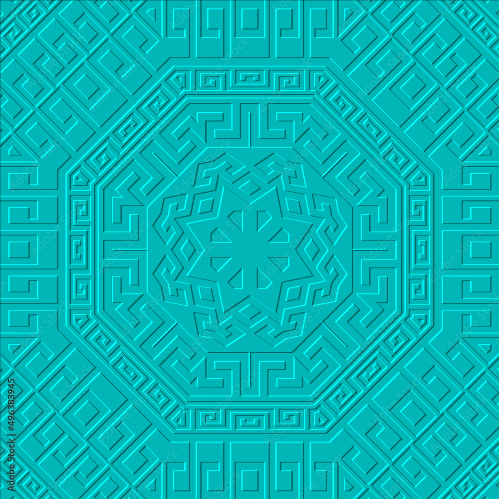 Blue embossed greek 3d seamless pattern. Ornamental abstract textured vector background. Greek key meanders emboss surface ornament. Repeat relief tribal ethnic backdrop. Endless embossing 3d texture