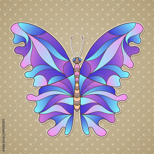 Stylized Applique Drawn Cartoon Butterfly of Pastel Gradient Colors on Polka Dot Background.