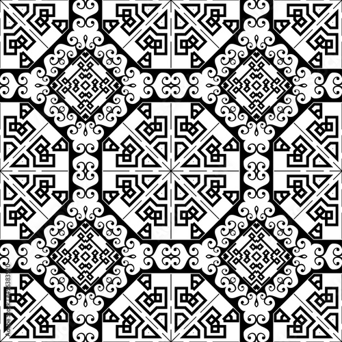 Tribal ethnic black and white greek seamless pattern. Ornamental abstract modern vector background. Greek key meanders ornament. Decorative geometric repeat design. Hexagons, rhombus, swirls, waves